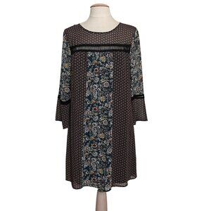 Signature Studio Womens Dress M Bell Sleeve Floral Mixed Print Hippie Boho Sheer
